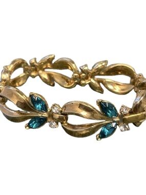 Signed Crown Trifari Leaf Motif Gold-Tone Metal Blue Zircon Rhinestone Bracelet